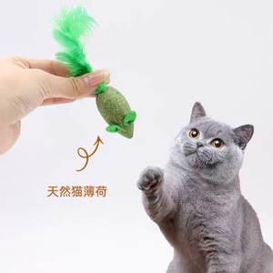 Jouet interactif pour chat en forme de souris verte avec plumes et herbe à chat, pour la mastication et le jeu, petit modèle - Product Image 2