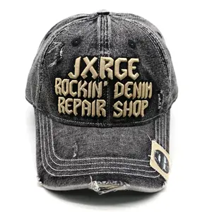 High Quality Custom Made 3d Embroidery Logo Denim Washed Distressed Jean 6 Panel Baseball Dad Hat