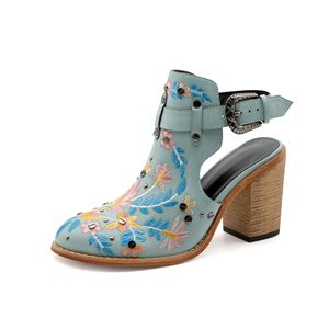 Women's Retro Vintage Square Heel Sandals New Summer Ethnic <b>Style</b> Buckle Strap Embroidered Fashion Trend Spring Winter - Product Image 6