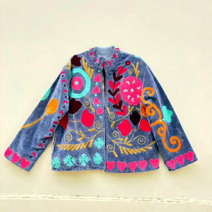 Chaqueta de Terciopelo Azul Rey Hecha a Mano para Mujer, Elegante, con Cuello Mao Abierto por Delante, Lujosa, de Manga Larga, Abrigo de Invierno - Product Image 1