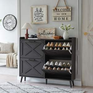 Meuble à chaussures extérieur personnalisé en MDF, organisateur de rangement en bois moderne, autoportant, fin et étroit, avec compartiments cachés - Product Image 1