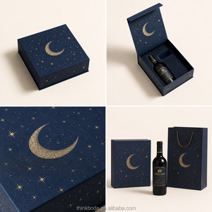 Caja de Regalo para Vino Azul Marino Personalizada Profesional con Luna y Estrellas Doradas, Tapa con Bisagras, Inserto Acanalado, Empaque Individual para Botella, Oferta Especial - Product Image 2