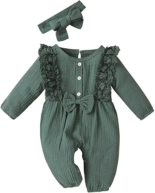 Newborn Baby Long Sleeve Cotton Jumpsuit Super Soft Crinkle Ruffle Plain Romper With Bow Headband