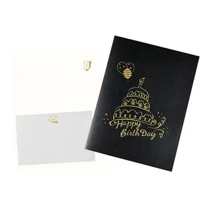 Listo para enviar Nuevo creativo papel 3D tallado negro oro pastel diseño negocios 3D tarjetas de feliz cumpleaños con sobres