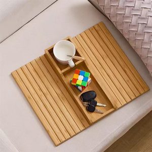 Portable luxe bambou <span class=keywords><strong>canapé</strong></span> bras <span class=keywords><strong>plateau</strong></span> à un niveau bois téléphone portable télécommande support d'organisation pour chambre tasse à café - Product Image 4