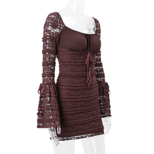 Sexy Floral Lace Mini Dress Drawstring Ties Detail <strong>Outfits</strong> for Women Club Party Rich <strong>Brown</strong> Dresses Flare Sleeve - Product Image 4