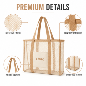 Sac fourre-tout en maille naturelle avec logo personnalisé, respirant, séchage rapide, facile à nettoyer, spacieux, pratique, multi-usages, plage, gym, courses - Product Image 3