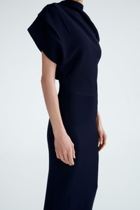 ODM&amp;OEM Professional Manufacturer Spring Summer Women 100% Worsted Merino Wool Asymmetric <strong>Navy</strong> Draped Knee-Length Casual <strong>Dress</strong> - Product Image 5