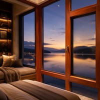 Ventana Abatible de Madera Revestida de Aluminio con Rotura de Puente Térmico HUACAI, Triple Cristal Templado, para Proyectos Residenciales y Villas