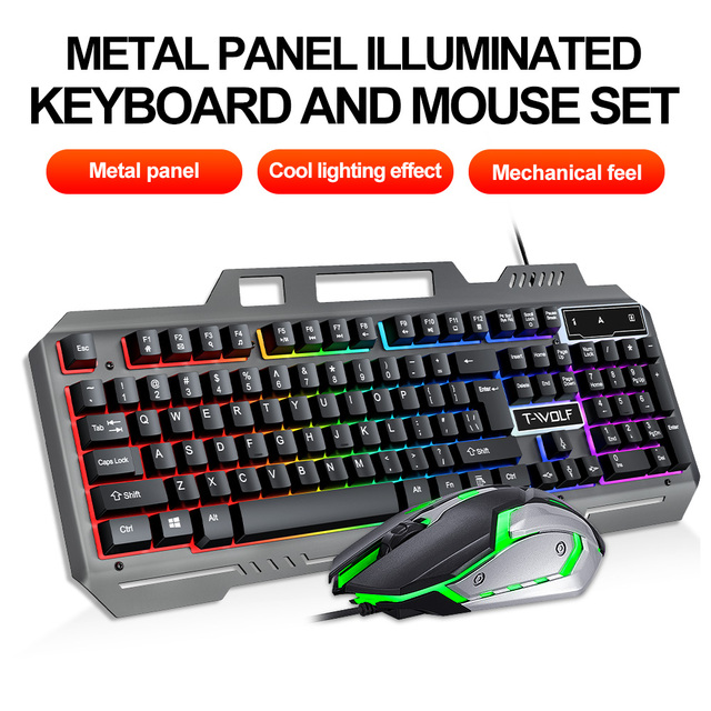 Wholesale Metal Panel USB 104-Key Wired Mouse Keyboard Set Combo LED Waterproof Ergonomic Design for Business Office Gamers