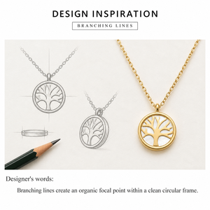 Collier en acier inoxydable plaqué or 14 carats sous vide avec pendentif rond central blanc motif arbre - Product Image 3