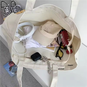 Nouveau Style loisirs lettre noir beige grande capacité Design minimaliste unisexe toile sac fourre-tout sac à bandoulière avec bouton de fermeture éclair - Product Image 3