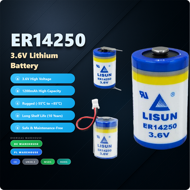 LISUN ER14250 1.2V Lithium Battery 1/2AA Size for Industrial IoT PLCs Delta (KTS) Programmers Remote Control & Flashlight