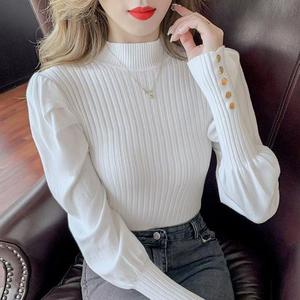 สเวตเตอร์แขนพองยาวสำหรับผู้หญิงเสื้อสเวตเตอร์คอตั้งสีล้วนสไตล์ฝรั่งเศส - Product Image 6