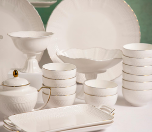 รองรับการปรับแต่ง ชุดอาหารค่ำหรูหราทันสมัย ทนทาน เป็นมิตรกับสิ่งแวดล้อม เคลือบพอร์ซเลนลายนูน ชุบทอง 16/18/24 ชิ้น มีสินค้าในสต็อก - Product Image 1
