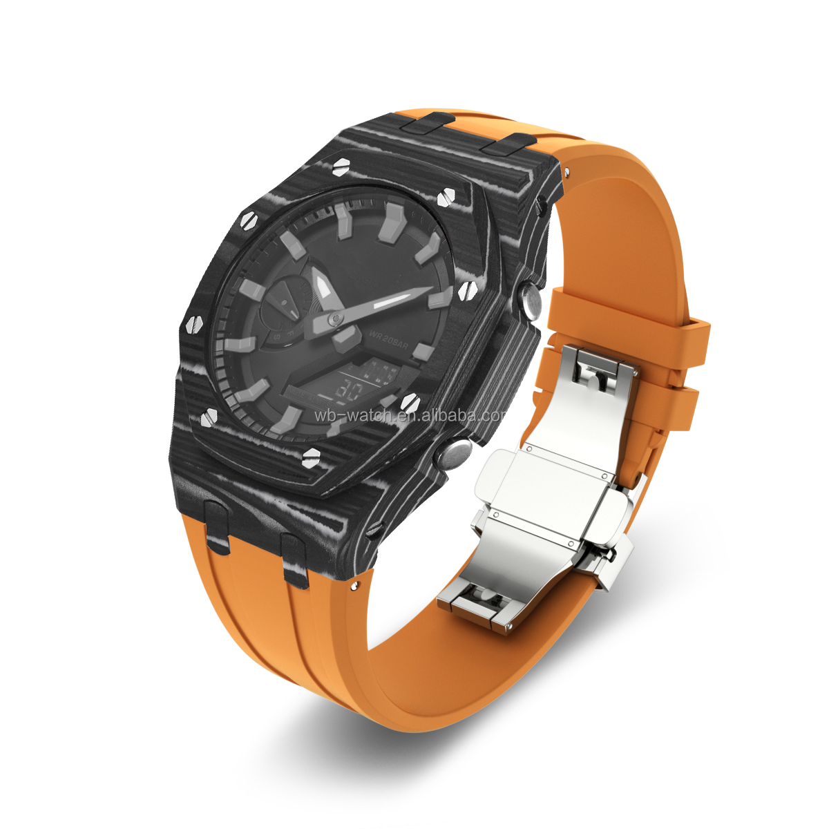 Black And White Carbon Fiber Watch Case+Orange Tape