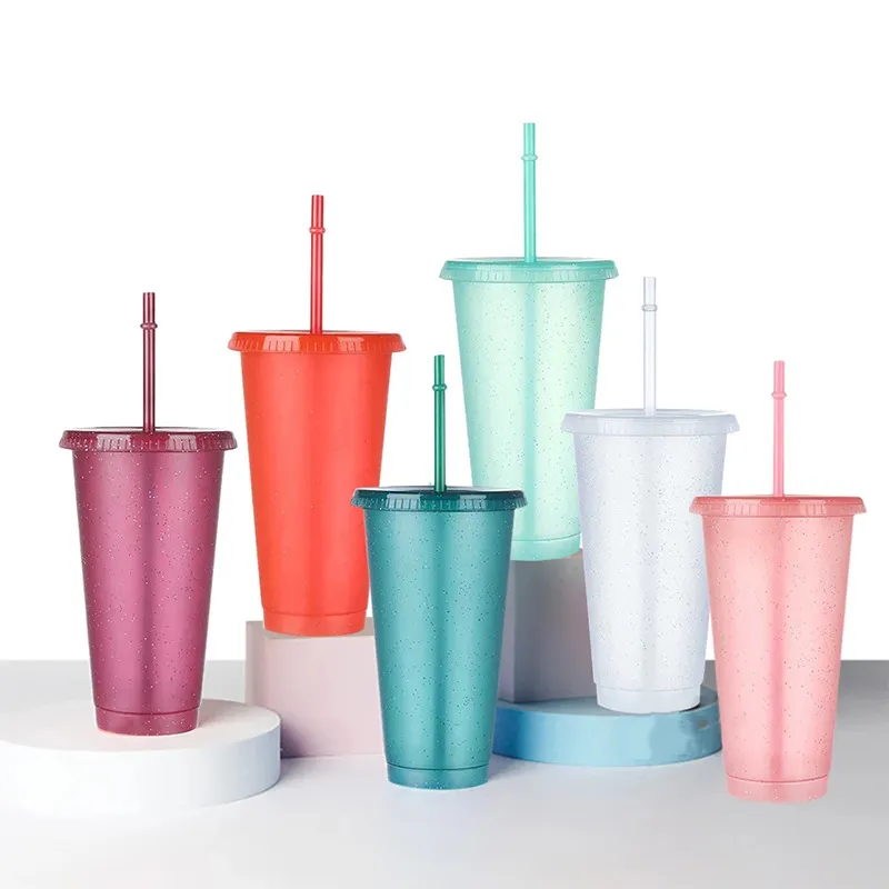 夏の新商品BPAフリー2サイズストローカップ再利用可能なスパンコールグリッタープラスチックカップパーティー用ストローと蓋付きウォーターボトル