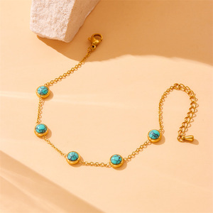 European American Retro Turquoise Clavicle Chain Round Earrings Studs <b>Bracelet</b> Necklace Stainless Steel Jewelry <b>Set</b> Women's - Product Image 3
