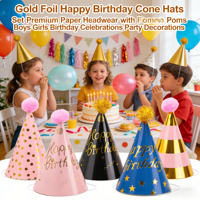 Ensemble de chapeaux coniques Joyeux Anniversaire en papier doré de qualité supérieure avec pompons pour garçons et filles, décorations de fête d'anniversaire