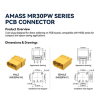Conector de Placa Horizontal en Ángulo Recto Amass MR30PW, Cobre Chapado en Oro de 3 Pines para Motor de Avión RC OEM