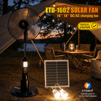 Ventilateur solaire certifié Intertek de 16 pouces avec panneau solaire de 20 W, batterie de 18 000 mAh, 2 ampoules LED, sortie USB, ventilateur sur pied rechargeable