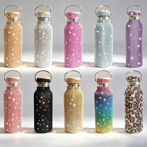 Bling Diamond Covered Stainless Steel Thermal <b>Bottle</b> Natural Bamboo Lid Portable Handle 500ml Rhinestone <b>Flask</b> - Product Image 1