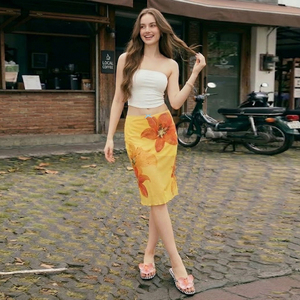 2026 Summer New Floral Print Contrast Color Mesh <b>Patchwork</b> Slim Fit Bodycon Breathable Soft Casual Knee-Length <b>Skirt</b> - Product Image 5