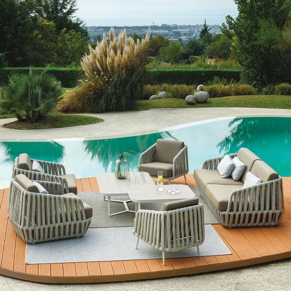 Cuerda al aire libre muebles de patio jardín mármol mesa y silla sofá conjunto combinación Villa jardín ocio al aire libre sofá