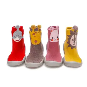 Wholesale Rubber Sole Baby Child Shoes Socks Cute Girls Boy Animal Print Tube White Cotton Kids Socks