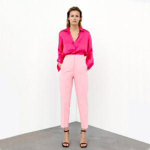 Nouveau design personnalisé, confortable, pantalon <span class=keywords><strong>cigarette</strong></span> <span class=keywords><strong>taille</strong></span> <span class=keywords><strong>haute</strong></span> décontracté de couleur pure avec poches frontales pour femmes - Product Image 1