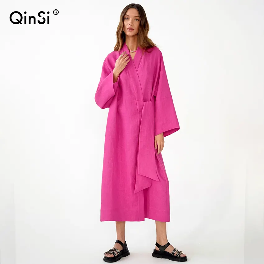 QINSI décontracté a-ligne Orange Robe mi-longue Femme élégant coton lin à lacets vacances ample col en v mince femmes Robe été Robe portefeuille