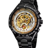 WINNER Montre-bracelet automatique mécanique pour homme, design squelette doré, en acier inoxydable, style rétro