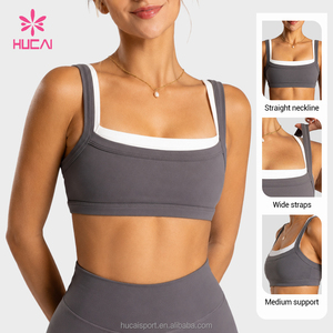 Soutien-gorge de sport pour femme ODM HUCAI, personnalisé, à bretelles larges, maintien moyen, encolure droite, bordure contrastante, col carré, pour yoga, gym, <span class=keywords><strong>pilates</strong></span> et entraînement - Product Image 1