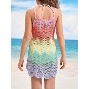 Vestido de playa corto de punto personalizado para niña pequeña, estilo camisero con cuello halter, de malla, holgado y con cordones. - Product Image 1