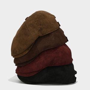 หมวกทรงนักข่าวสไตล์วินเทจอังกฤษ สำหรับฤดูใบไม้ร่วงและฤดูหนาว หมวกเพนท์เตอร์ลำลองสำหรับผู้ชายและผู้หญิง หมวกเบเร่ต์สีพื้นผ้าหนังกลับ - Product Image 1
