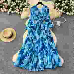 Vestido Midi Casual de Verano 2025 con Cuello Redondo y Manga Linterna para Mujer, Estampado con Encaje y Estilo Túnica Romana - Product Image 3