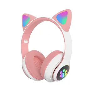 Grosir headphone laptop gadis-Headphone Nirkabel Dapat Dilipat, Headphone Nirkabel Pengurang Kebisingan Telinga Kucing Lucu untuk Anak Perempuan dan Anak-anak