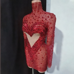 Vestido Mini Rojo de Mujer con Pedrería en Forma de Corazón, Malla Transparente, Cuello Alto, Manga Larga, Vestido de Fiesta, Vestidos de Noche, Moda - Product Image 3