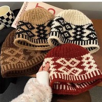Chapeau Bob Tricoté Jacquard Fair Isle Rétro à Motif Losanges en Spandex/Polyester pour Femme Adulte Automne/Hiver – Flatteur pour le Visage