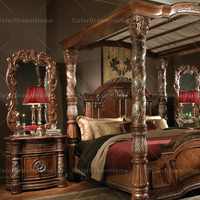 Lit à baldaquin king-size en bois sculpté, design de luxe américain, mobilier de chambre à coucher, ensemble de chambre antique