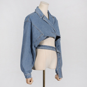 Date printemps automne hiver Unique décontracté Streetwear moto ceinture croisée évider Denim Jeans femmes culture manteaux - Product Image 2