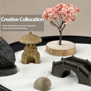 Kit de <span class=keywords><strong>jardin</strong></span> zen japonais en résine, religieux bouddhiste, grand plateau rond de 8 pouces avec 6 accessoires de broussailles et mini plateau de rangement, décoration de bureau faite à la main - Product Image 6