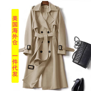 Manteau long trench-coat pour femme, kaki, coupe ample, ceinturé, longueur genou, printemps automne, style décontracté européen américain - Product Image 1