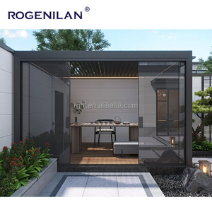 Rogenilan Gazebo en aluminium noir avec portes coulissantes en verre Patio jardin pergola de toit motorisée électrique - Product Image 2