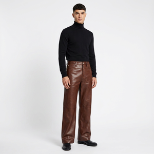 Men's Mid Waist Leather Trousers Straight Fit Button Fly Lightweight Breathable Smart Casual Autumn Wear - Product Image 1