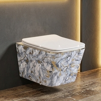 Nouvelle Tendance du Marché : Toilettes Murales de Luxe à Motif Marbre Doré, Cuvette WC en Céramique avec Couvercle Doré pour Salle de Bain