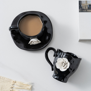 New Product Handmade Flower <b>Ceramic</b> Coffee Mug Black Aesthetic <b>Ceramic</b> <b>Cup</b> with Saucer - Product Image 4