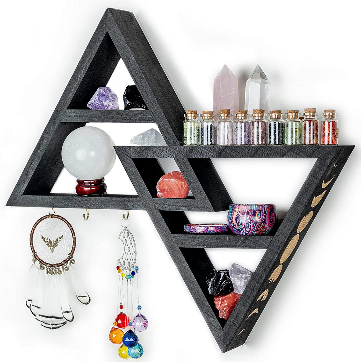 Wooden Crystal Shelf Display with Black Moon Phase Triangle Wall Hanging  Witchy Room Decor with Storage Hooks for Living Room