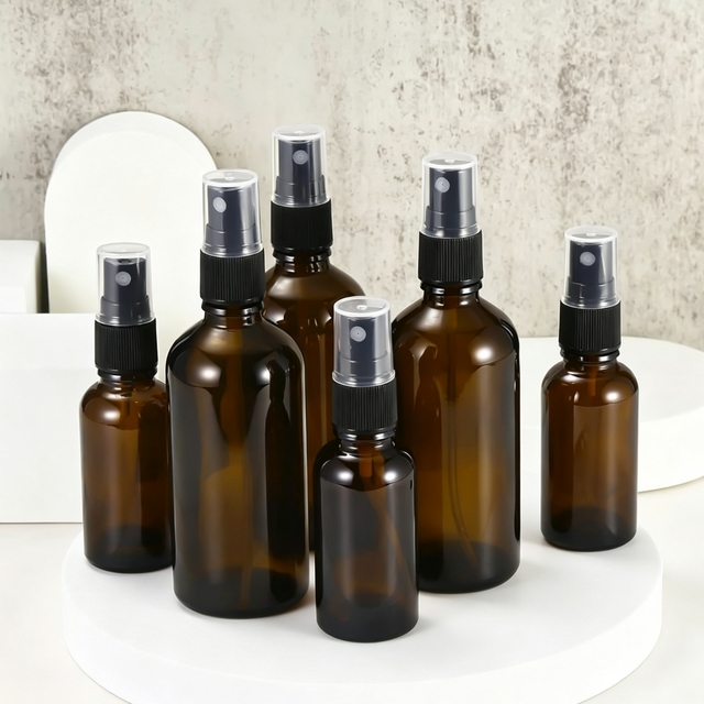 5ml 10ml 15ml 20ml 30ml 50ml 100ml  Frosted Amber Euro Glass Round Bottles W/ Black Fine Mist Sprayers 1oz 3.4oz 0.5oz