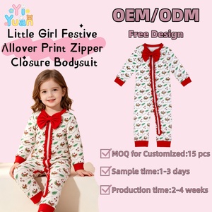 Combinaison longue à coupe droite pour petite fille, avec volant avant et fermeture éclair, imprimé graphique sur le thème de Noël, personnalisation du logo acceptée - Product Image 1
